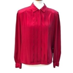 Red Button down blouse wpleats and shoulder pads